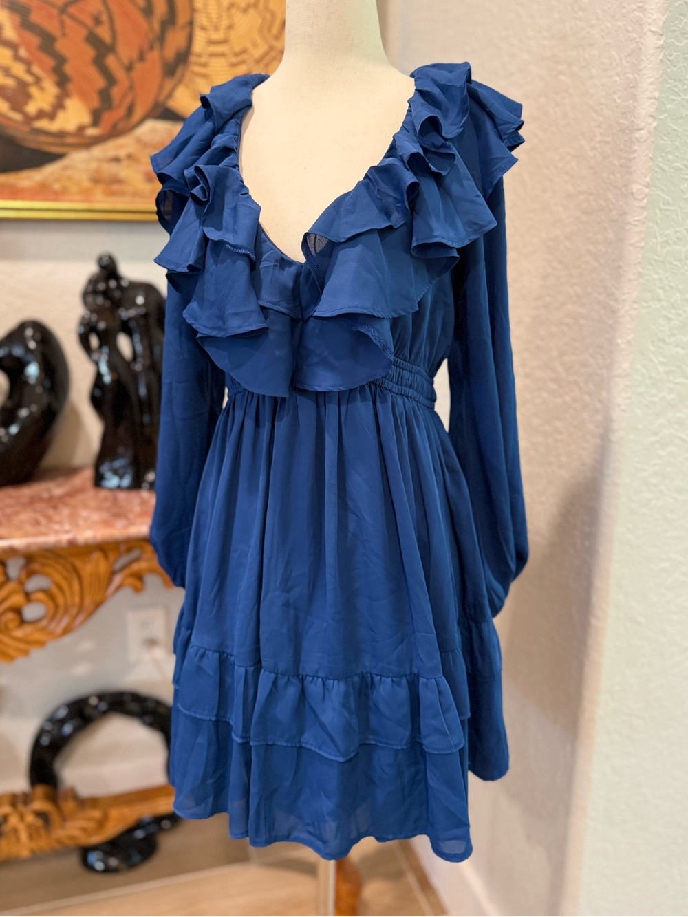 Abercrombie & Fitch Royal Blue Ruffle V-Neck Long Sleeve Dress